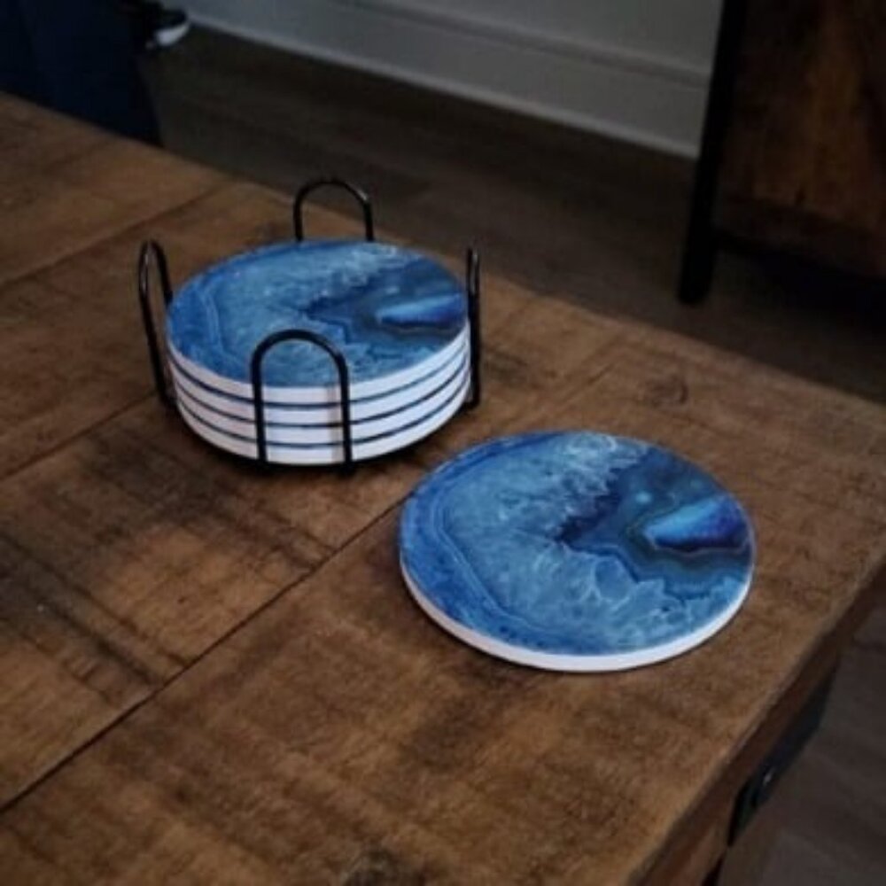 Coasters for Drinks with Holder 6 Pack, Marble Ocean Coasters for Table, Ceramic